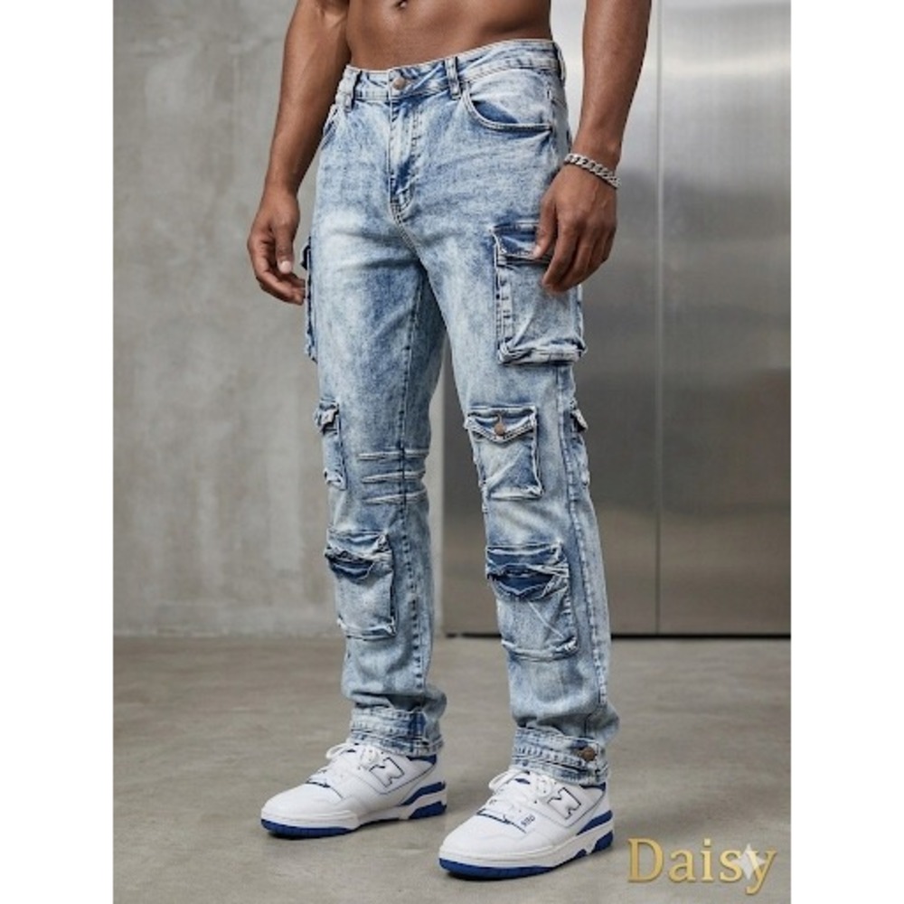Daisy Mens Light Acid Wash Multi Pocket Stacked Cargo Denim Jeans DP2001X 1X